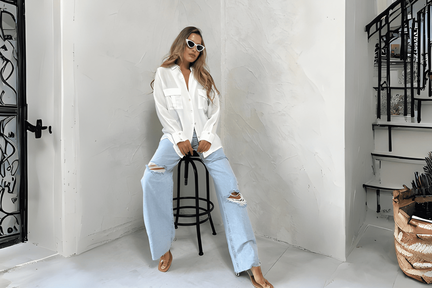 דוגמנית לובשת אופנת נשים בייצור ישראלי - בגדי נשים כחול לבן