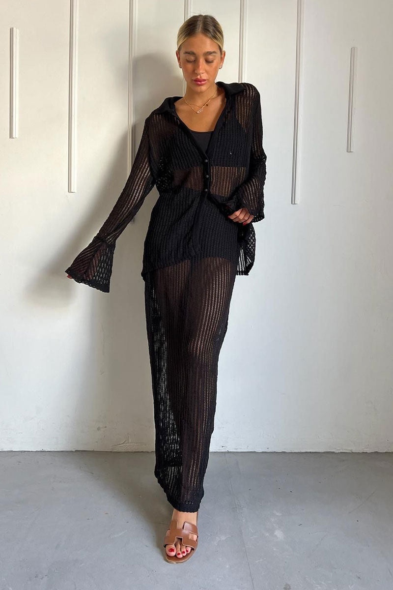 חליפת רשת וחצאית ארוכה בצבע שחור לנשים-Bombes-XS-S-נאקו