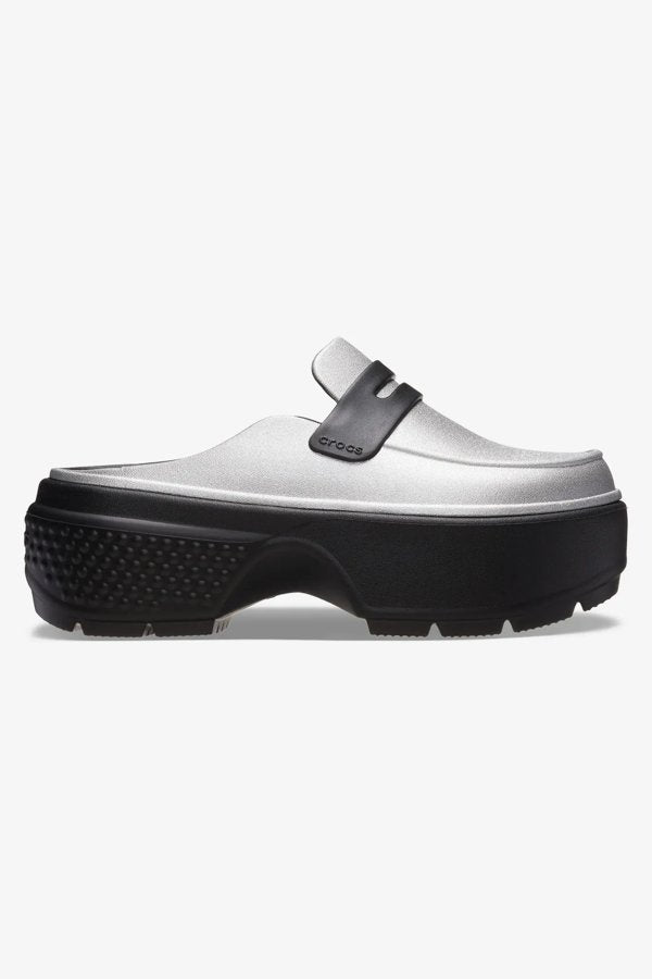 כפכפי קרוקס מוקסין פלטפורמה Stomp Metallic Loafer לנשים בצבע שחור/כסף