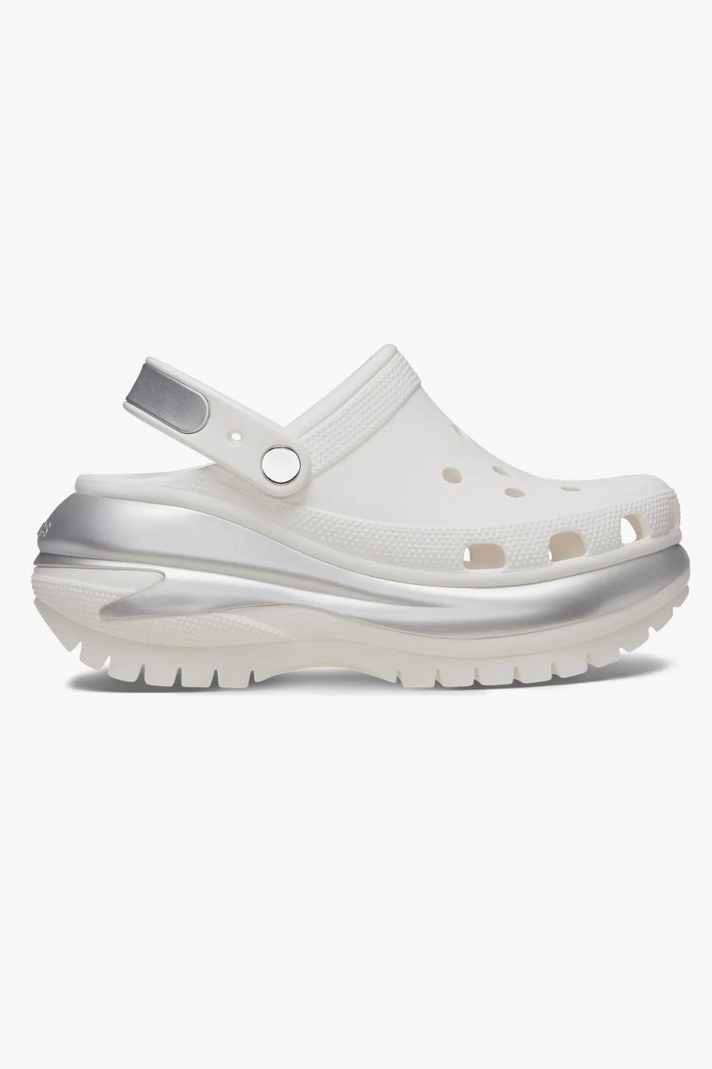 כפכפי קרוקס פלטפורמה Mega Crush Metallic Clog בצבע לבן/כסף מטאלי לנשים