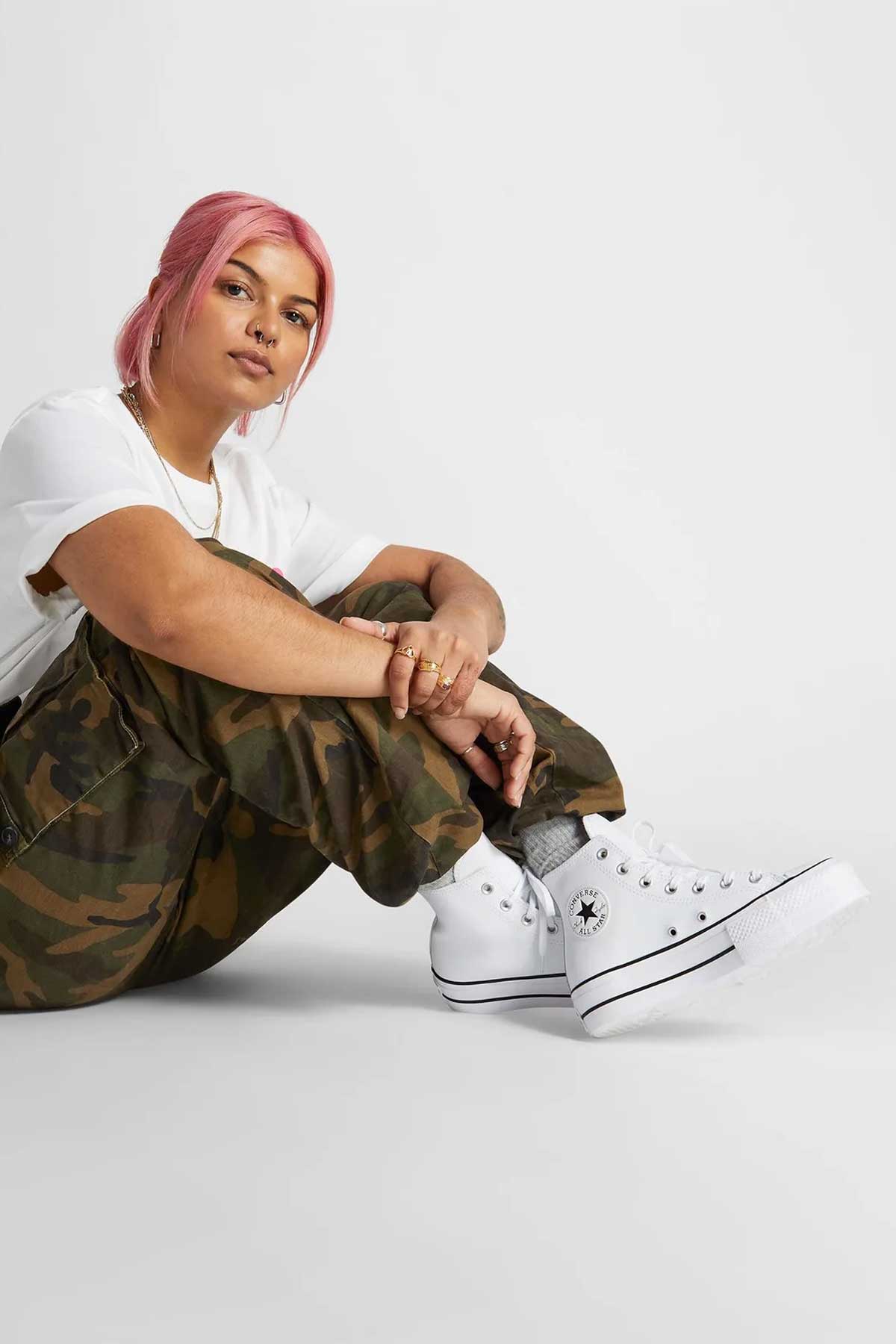 Converse All Star נעלי סניקרס אולסטאר פלטפורמה עור גבוהות בצבע לבן לנשים