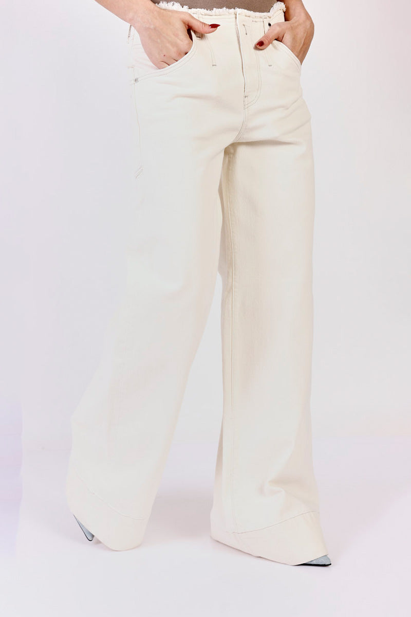 ריפליי מכנסי כותנה ארוכים מתרחבים בצבע אבן לנשים-Replay-25-נאקו