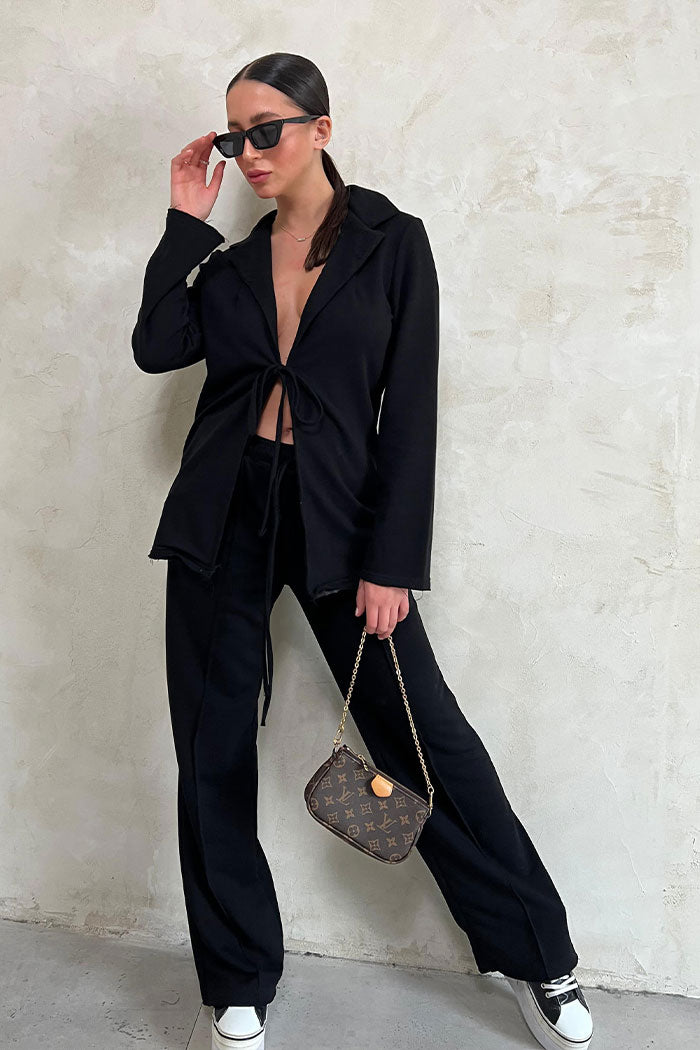 חליפת ג'קט קשירה ומכנס מחויט בצבע שחור-Miss D-One Size-נאקו