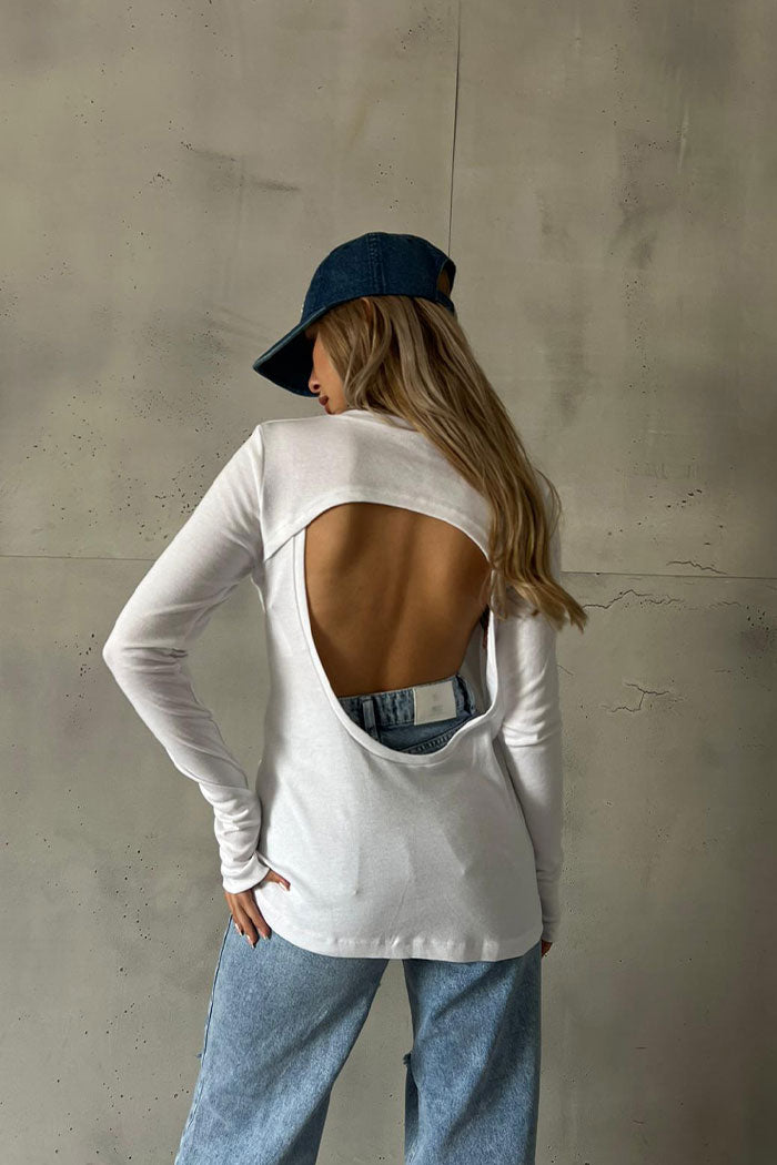 חולצת טישירט פתח בגב סיומת כפפה בצבע לבן לנשים-Miss D-1-נאקו