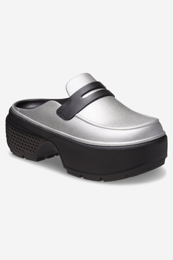 כפכפי קרוקס מוקסין פלטפורמה Stomp Metallic Loafer לנשים בצבע שחור/כסף