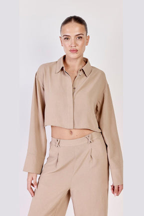 Replay חולצה מכופתרת Crop בצבע חום לנשים-Replay-XS-נאקו