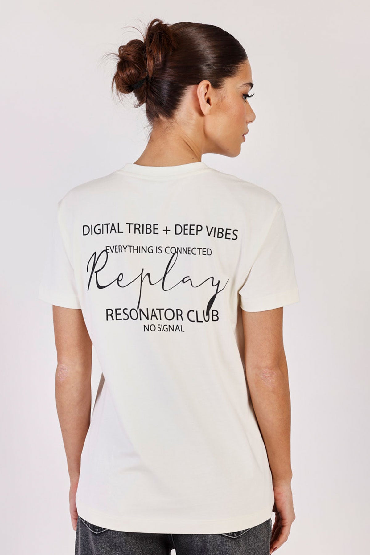 ריפליי חולצת כותנה Beats בצבע שמנת לנשים-Replay-XS-נאקו