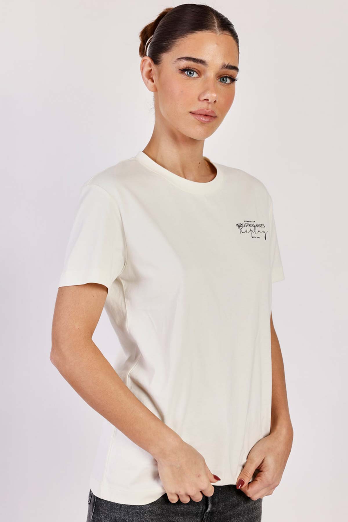 ריפליי חולצת כותנה Beats בצבע שמנת לנשים-Replay-XS-נאקו