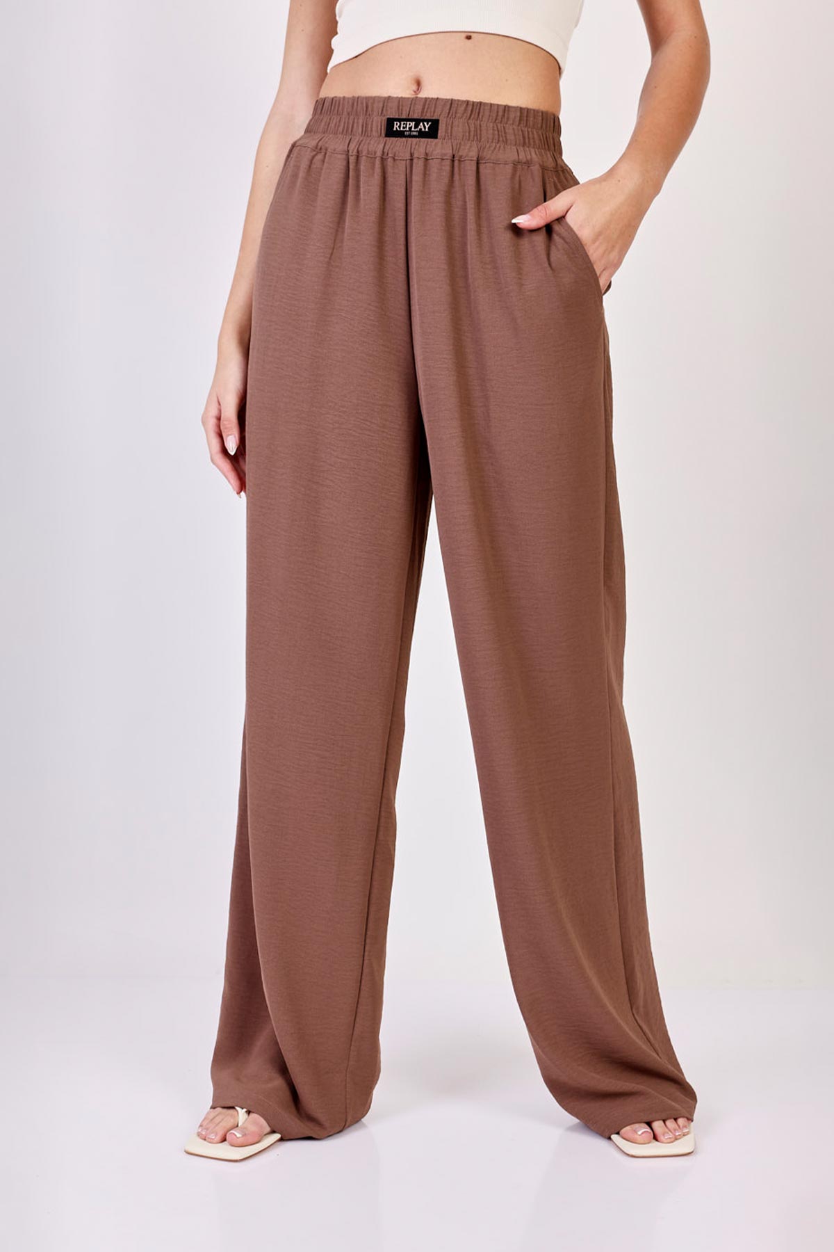 Replay מכנסיים ארוכים Current בצבע קאמל לנשים-Replay-XS-נאקו