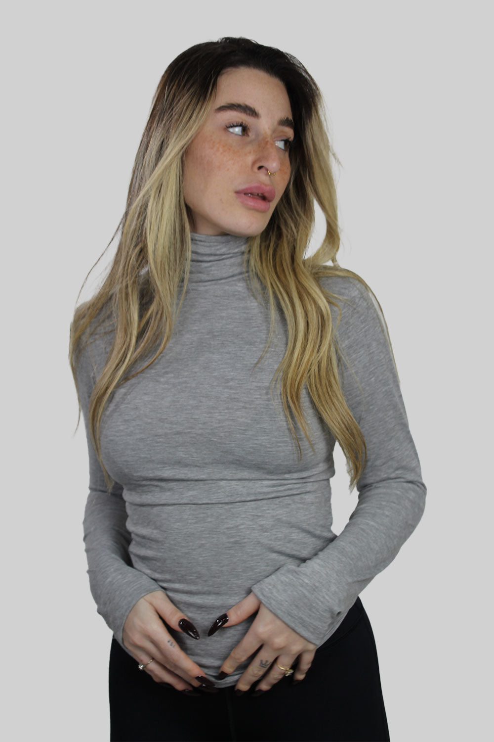 חולצת גולף שרוול ארוך בצבע אפור מלנג' לנשים-LilcoBasic-One Size-נאקו
