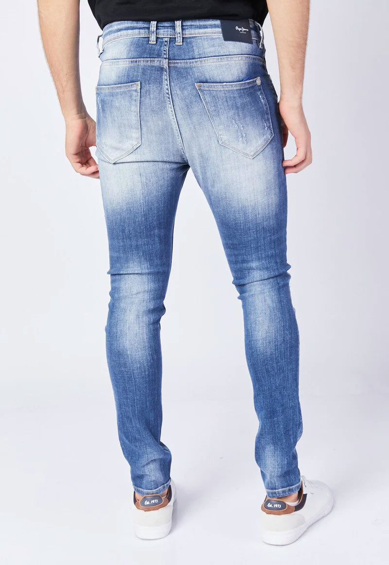 פפה ג'ינס ג'ינס סקיני משופשף ארוך בצבע גינס לגברים-Pepe Jeans London-28-נאקו