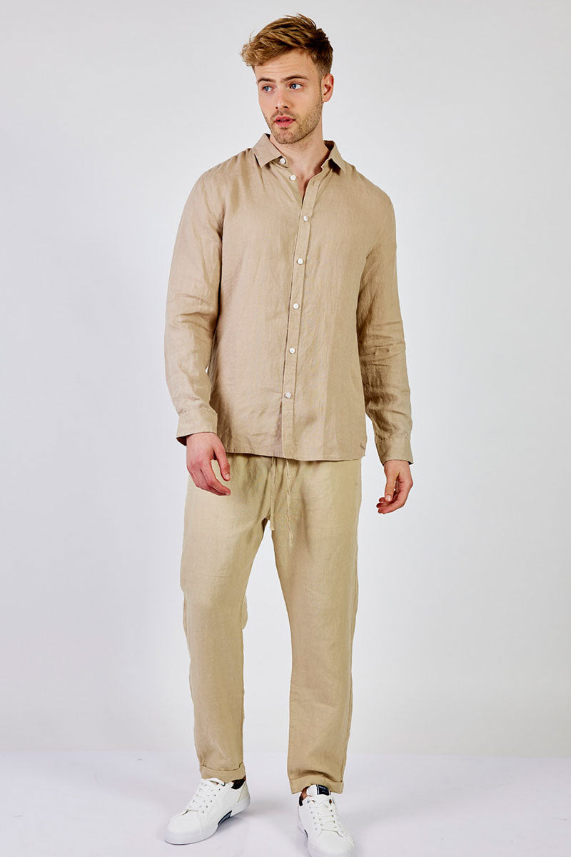 פפה ג'ינס חולצת פשתן מכופתרת DAN בצבע חום בהיר לגברים-Pepe Jeans London-S-נאקו