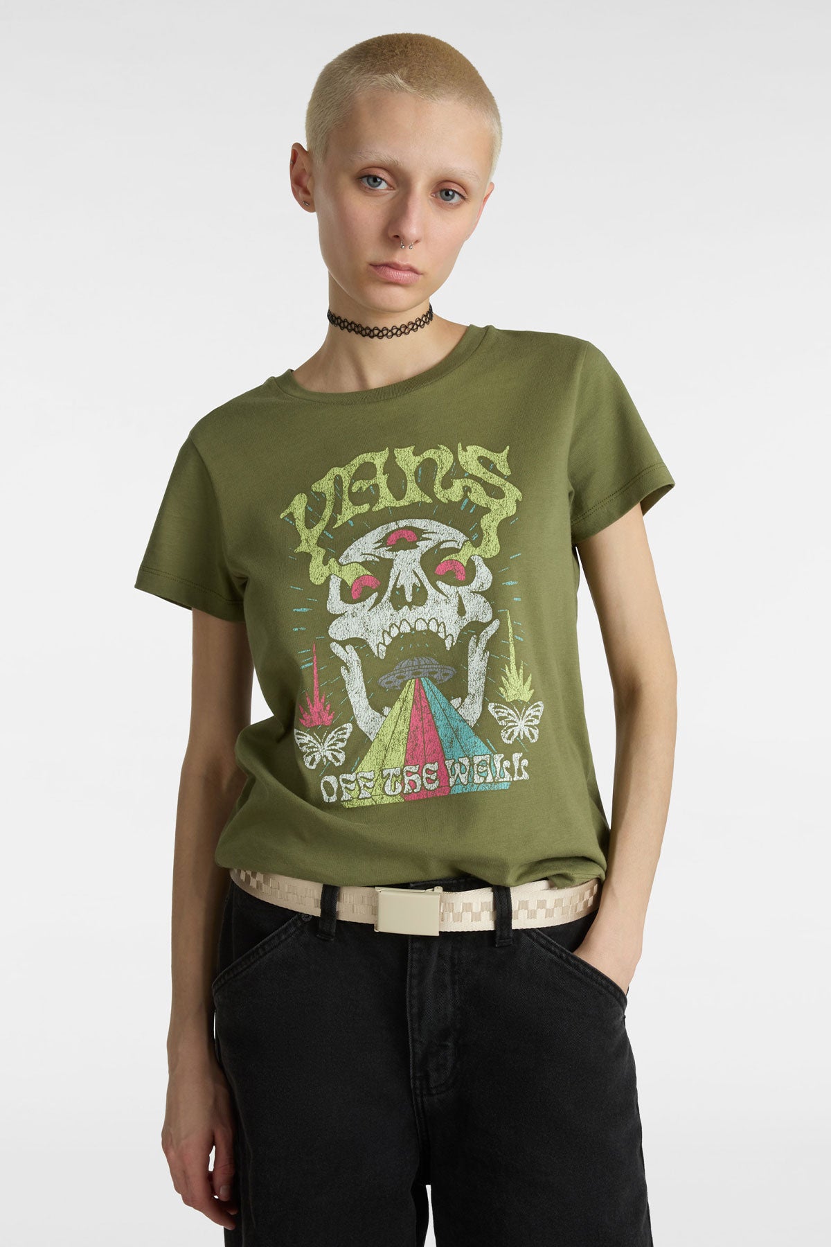 ואנס חולצת טישירט Skull Saucer בצבע ירוק לנשים-Vans-XS-נאקו